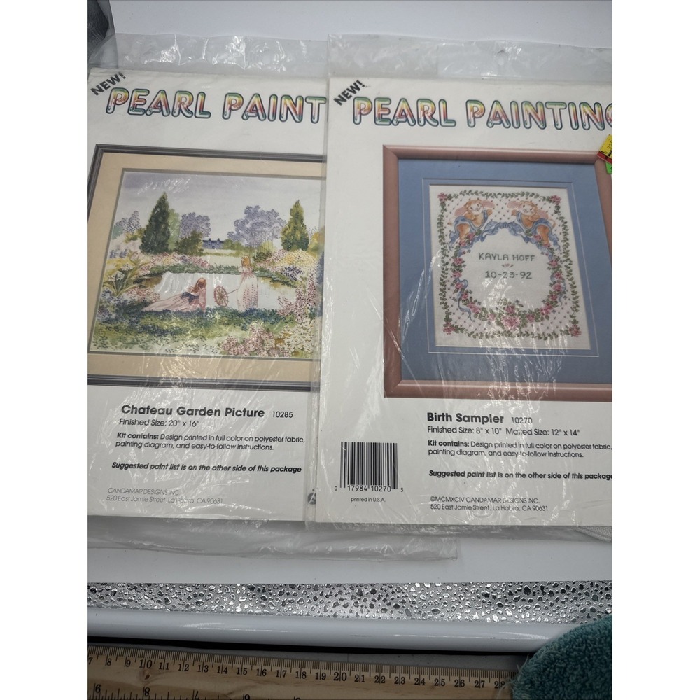 Two Vintage Pearl Painting Craft Kits Rose Cottage Birth Sampler Chateau